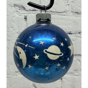 Vintage Blue Shiny Brite Christmas Atomic Moon Shooting Stars Stenciled Ornament